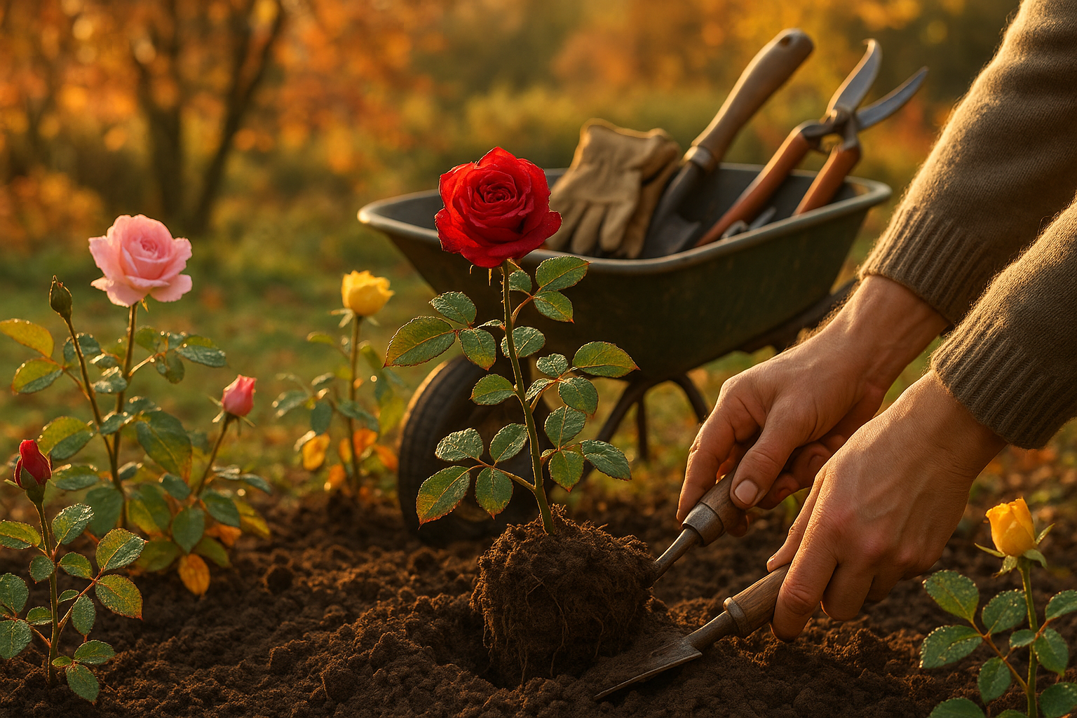 Пересадка роз осенью — подготовленный куст в осеннем саду с лопатой и мульчей