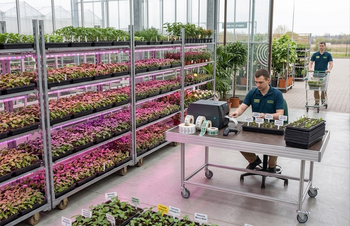 Интегрированные системы капельного полива и профессиональное фитоосвещение на алюминиевых конструкциях поддерживают жизнеспособность растений.