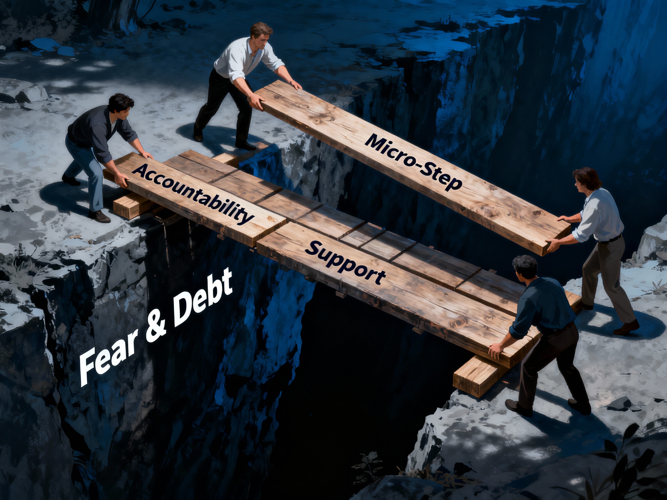 <img src="community-bridge-over-fear.jpg" alt="Community building bridge over fear and debt chasm together support accountability">