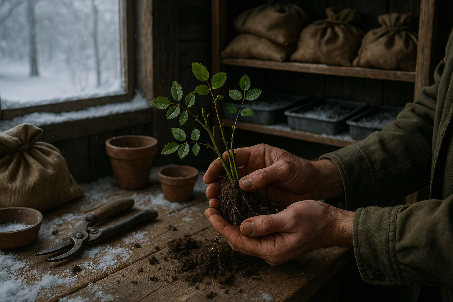 Весенняя посадка саженцев роз — аккуратно расправленные корни в посадочной яме