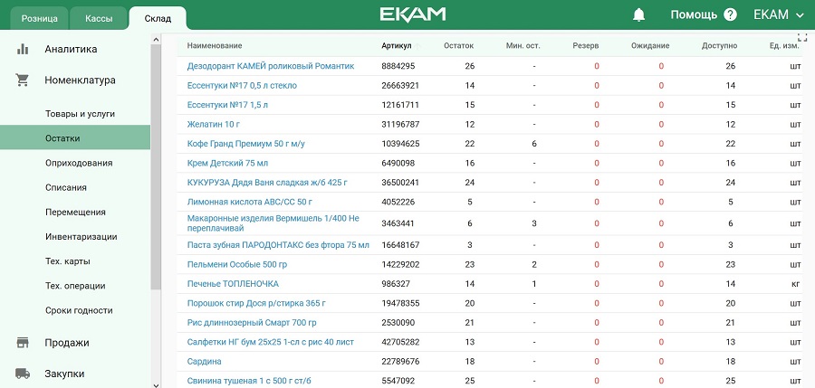 Остатки в системе учёта