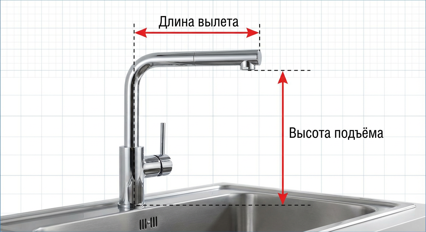 Схема длины вылета и высоты подъёма излива относительно раковины