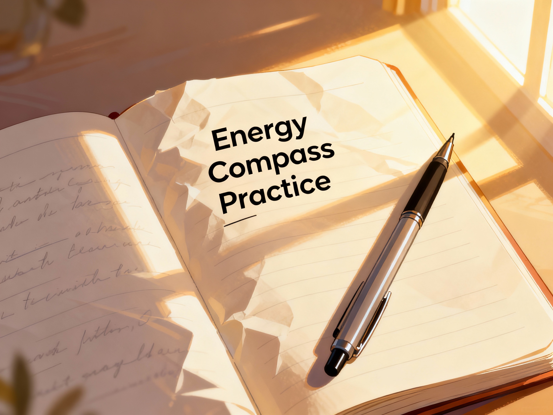 <img src="energy-compass-practice.jpg" alt="Open notebook for Energy Compass Practice and growth sunlight">