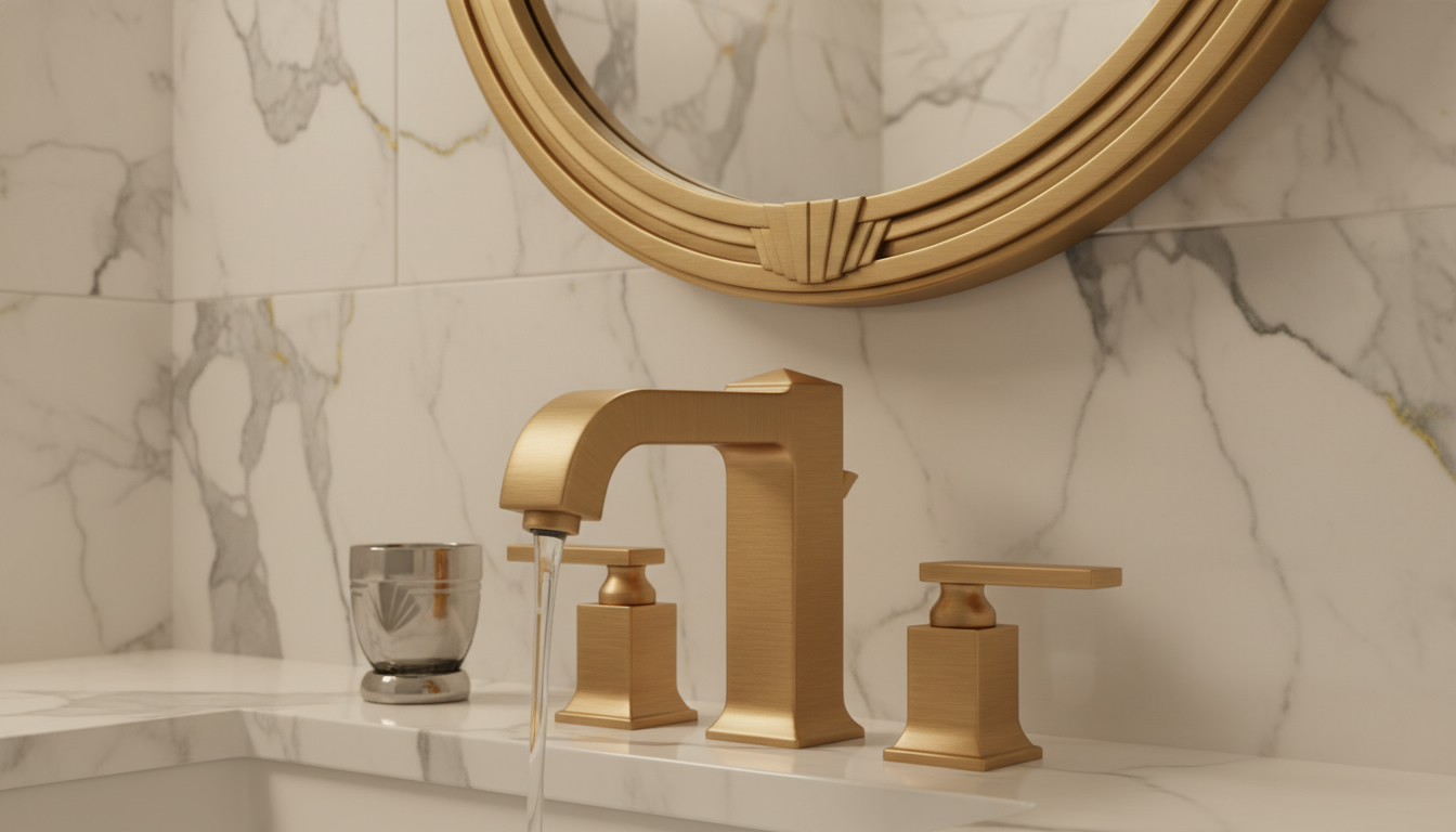 Смеситель в брашированной бронзе для ванной в стиле ар-деко. Теплый металлический оттенок сочетается с мраморной плиткой и зеркалом в золоченой раме