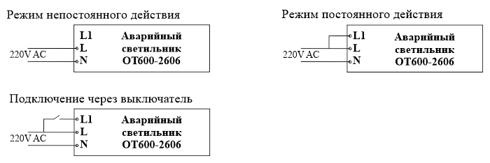 Схемы подключения светодиодного аварийного эвакуационного указателя Moncato OT600-2606 IP65