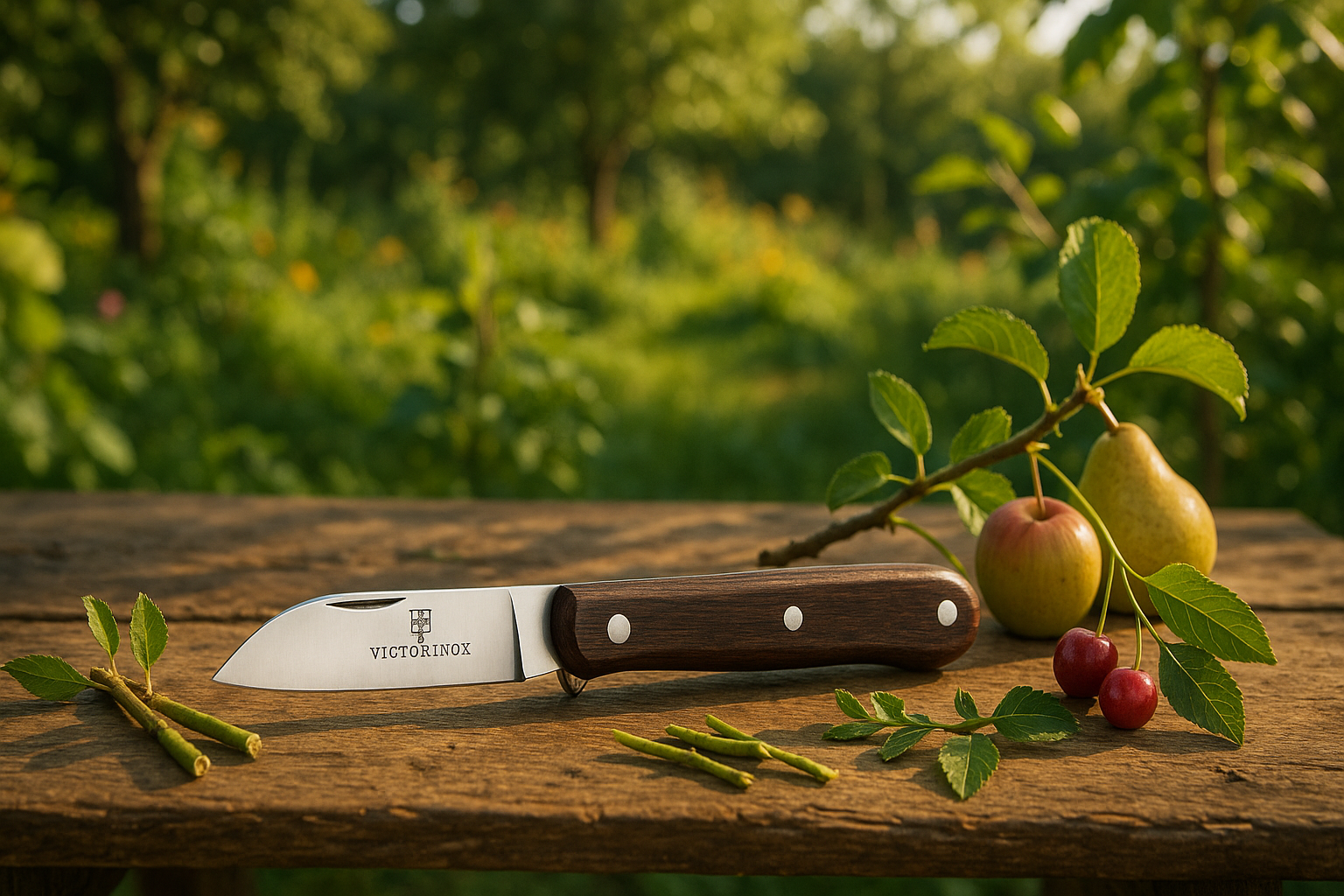 Прививочный нож Victorinox с острым лезвием и удобной рукояткой на фоне садовых растений