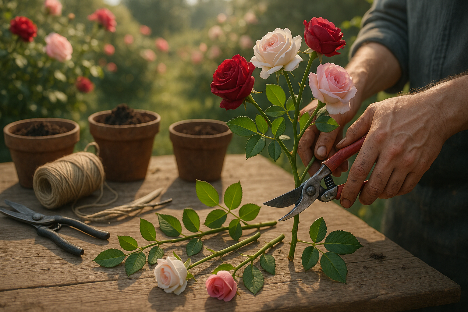 Черенок розы в руках садовода на фоне зеленого куста розы летом