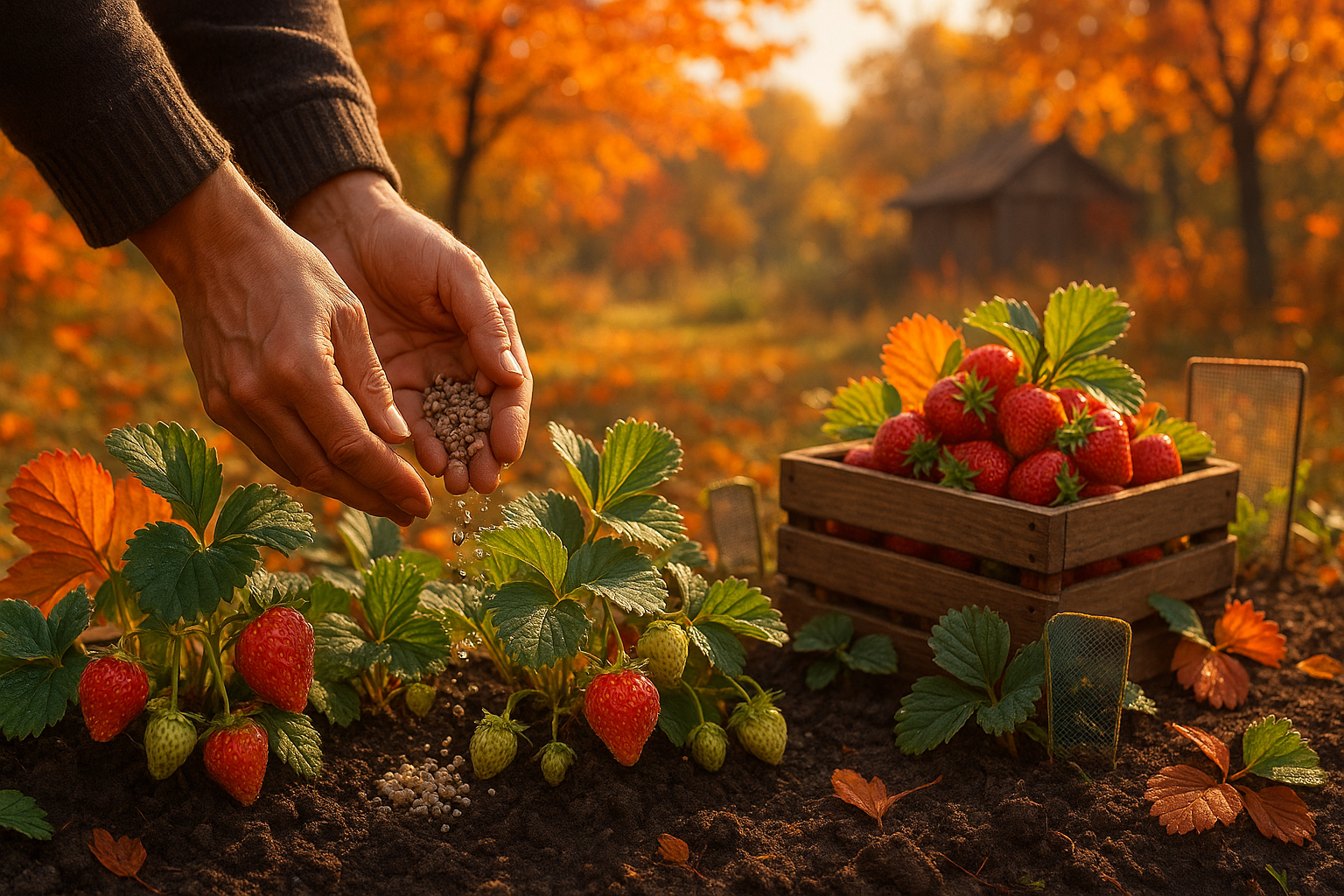 Кусты клубники на грядке после обрезки, удобренные осенними удобрениями для подготовки к зиме