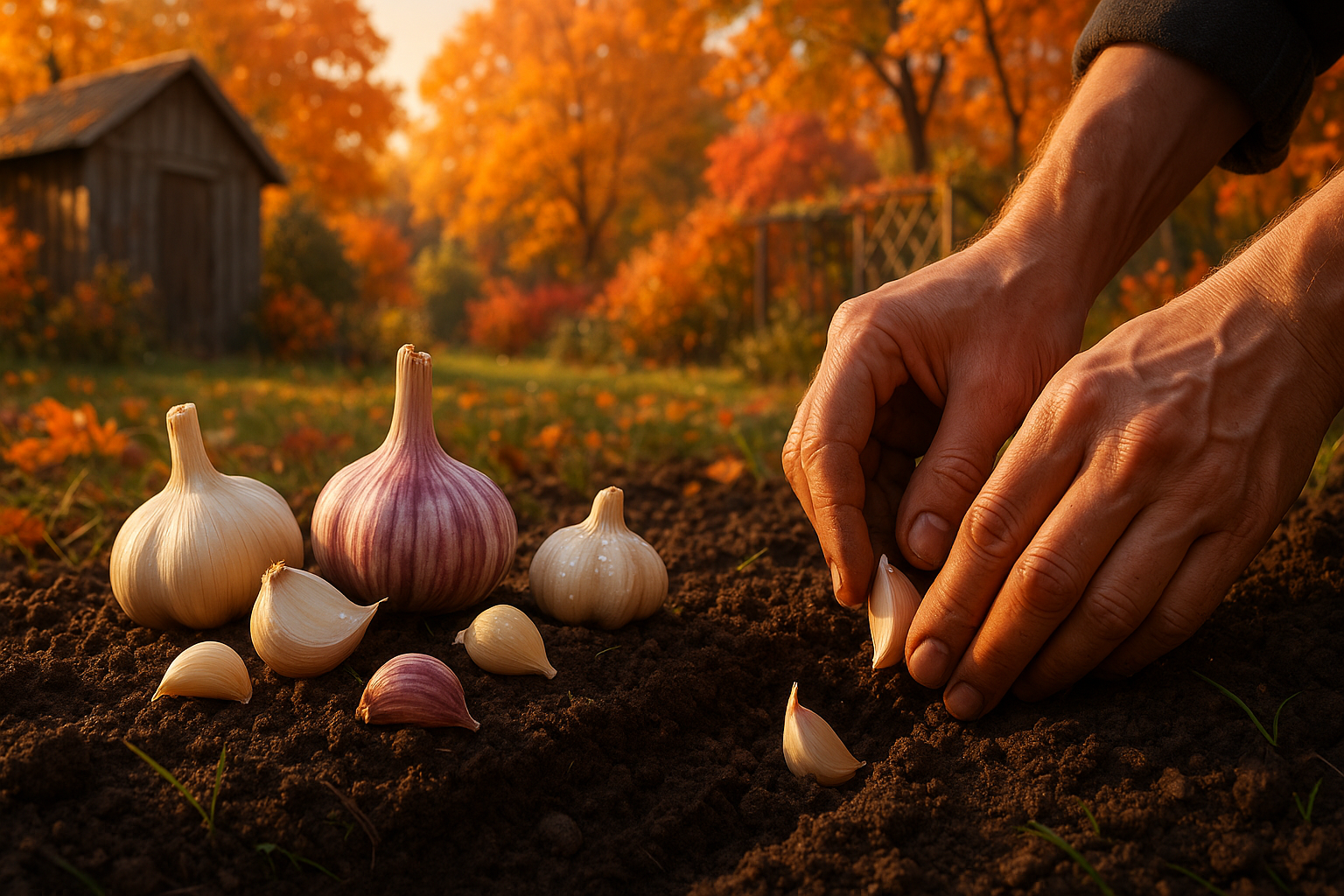 Посадка озимого чеснока в борозды осенью: зубчики чеснока донцем вниз в подготовленную почву