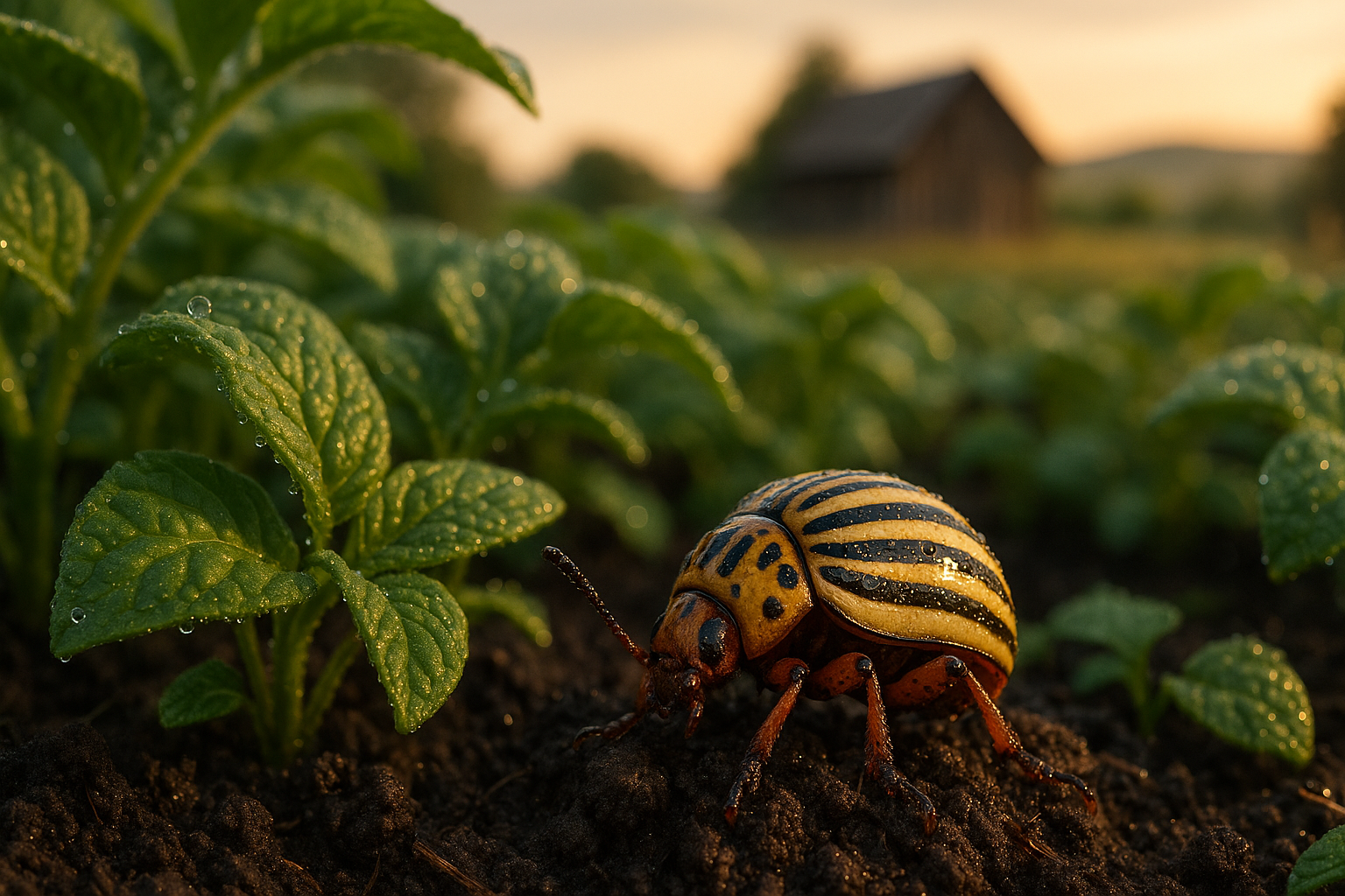 Колорадский жук на листьях картофеля, вид спереди и сбоку, изображение вредителя пасленовых культур