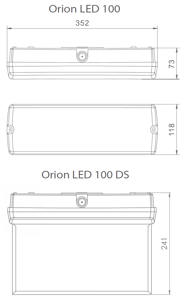 Размеры аварийного эвакуационного светодиодного светильника Orion LED 100 4W IP65 с аккумуляторными батареями
