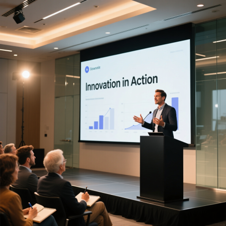 <img src="rhetoric-skill-public-speaking.jpg" alt="Professional public speaker delivering persuasive presentation to engaged audience">