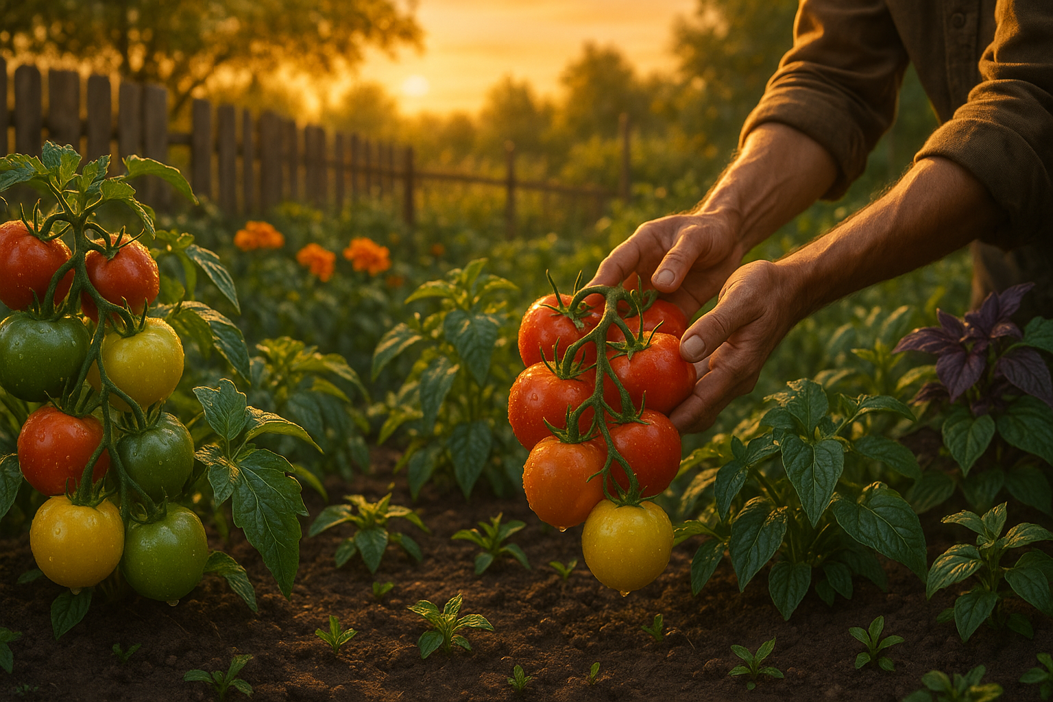 Низкорослые помидоры без пасынкования на грядке открытого грунта, красные спелые томаты на кусте
