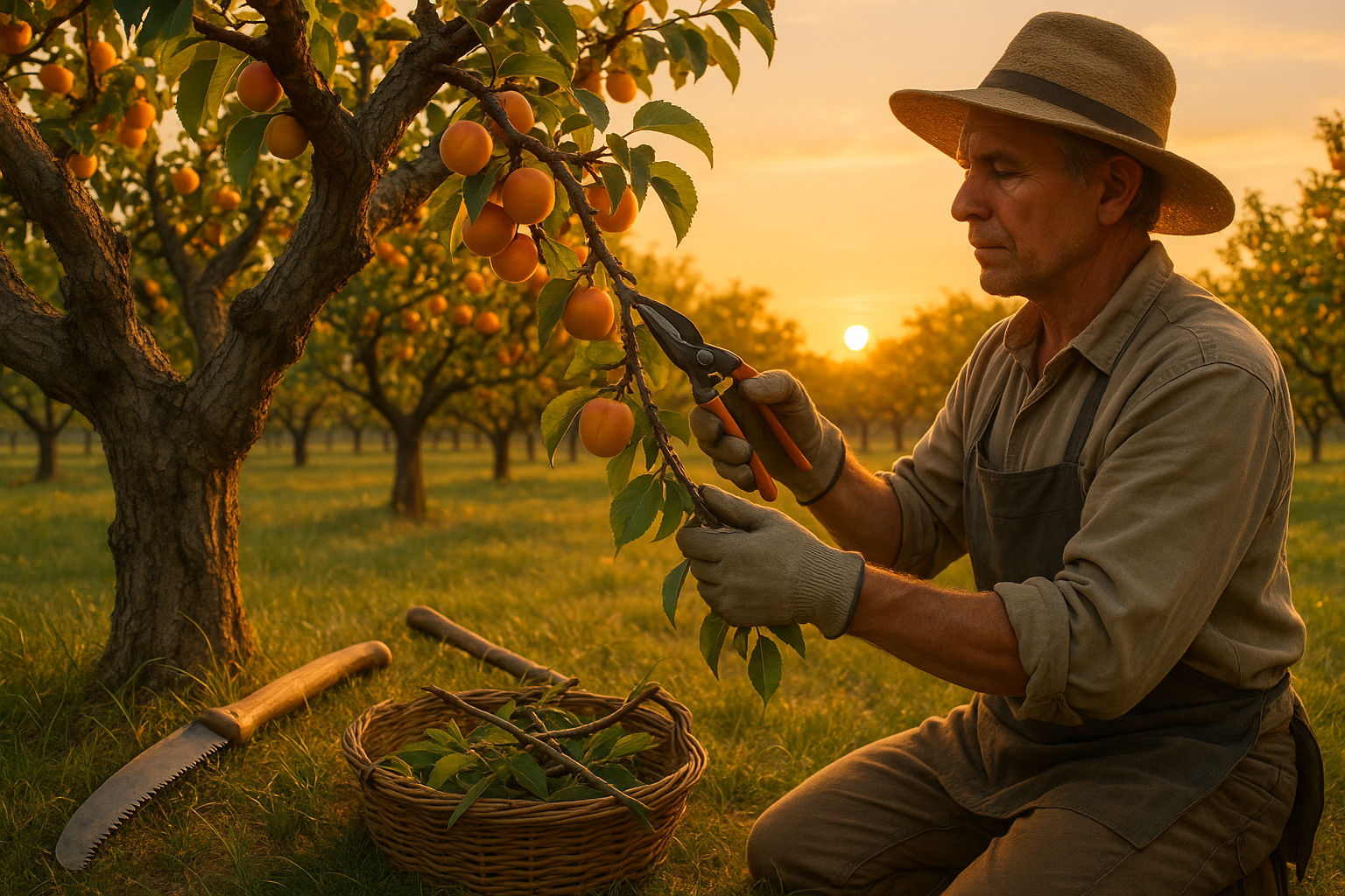 Плодовое дерево во время омолаживающей обрезки с использованием секатора в саду