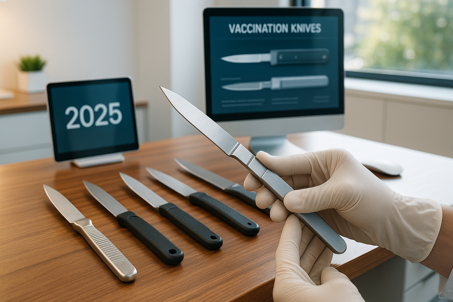 Прививочный нож с деревянной рукояткой для садовых работ, высокого качества, лежащий на фоне свежей зелени