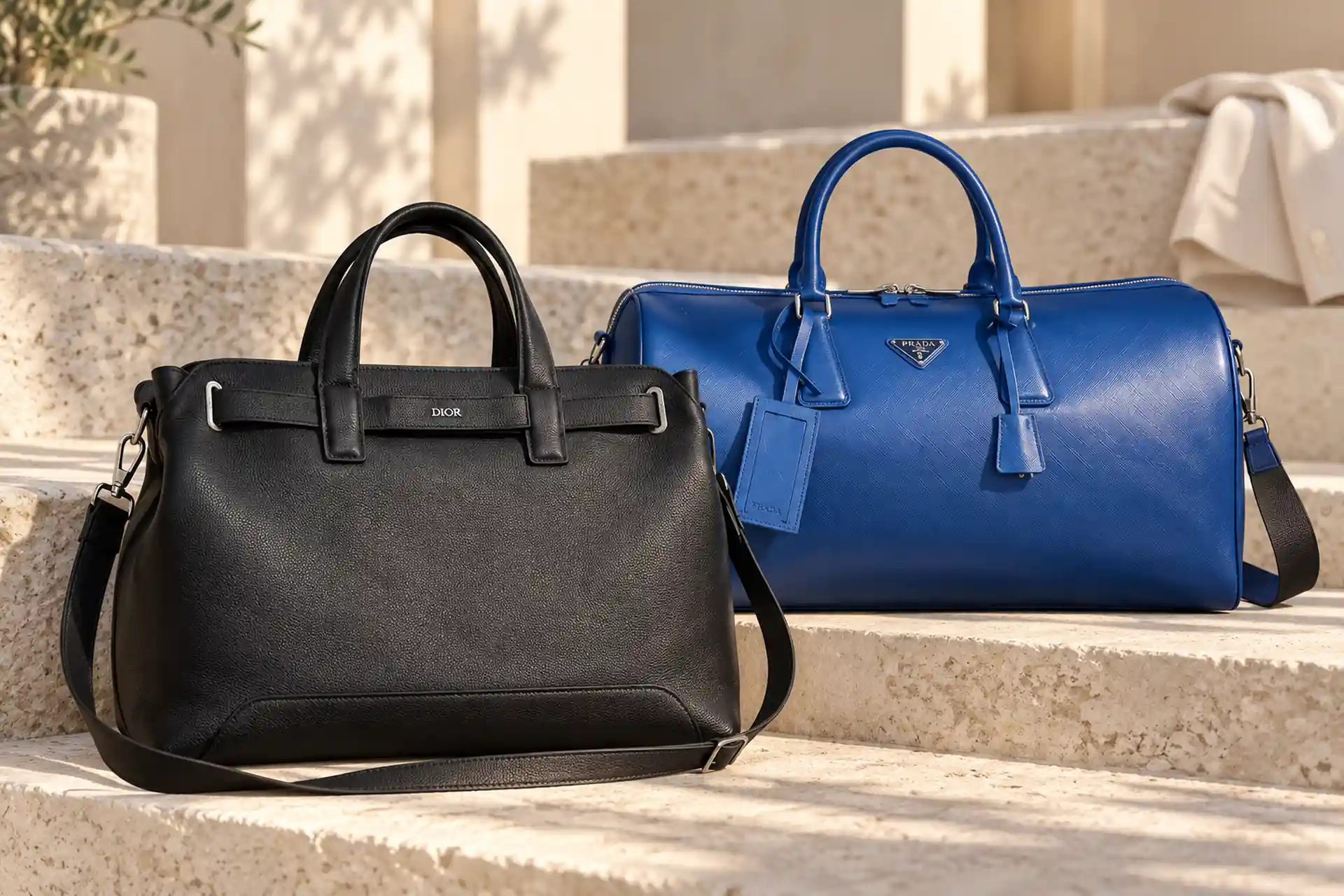 Мужские сумки для поездок: дорожная Prada и тоут Dior Normandie Синяя мужская дорожная сумка Prada и чёрная сумка-тоут Dior Normandie на каменных ступенях