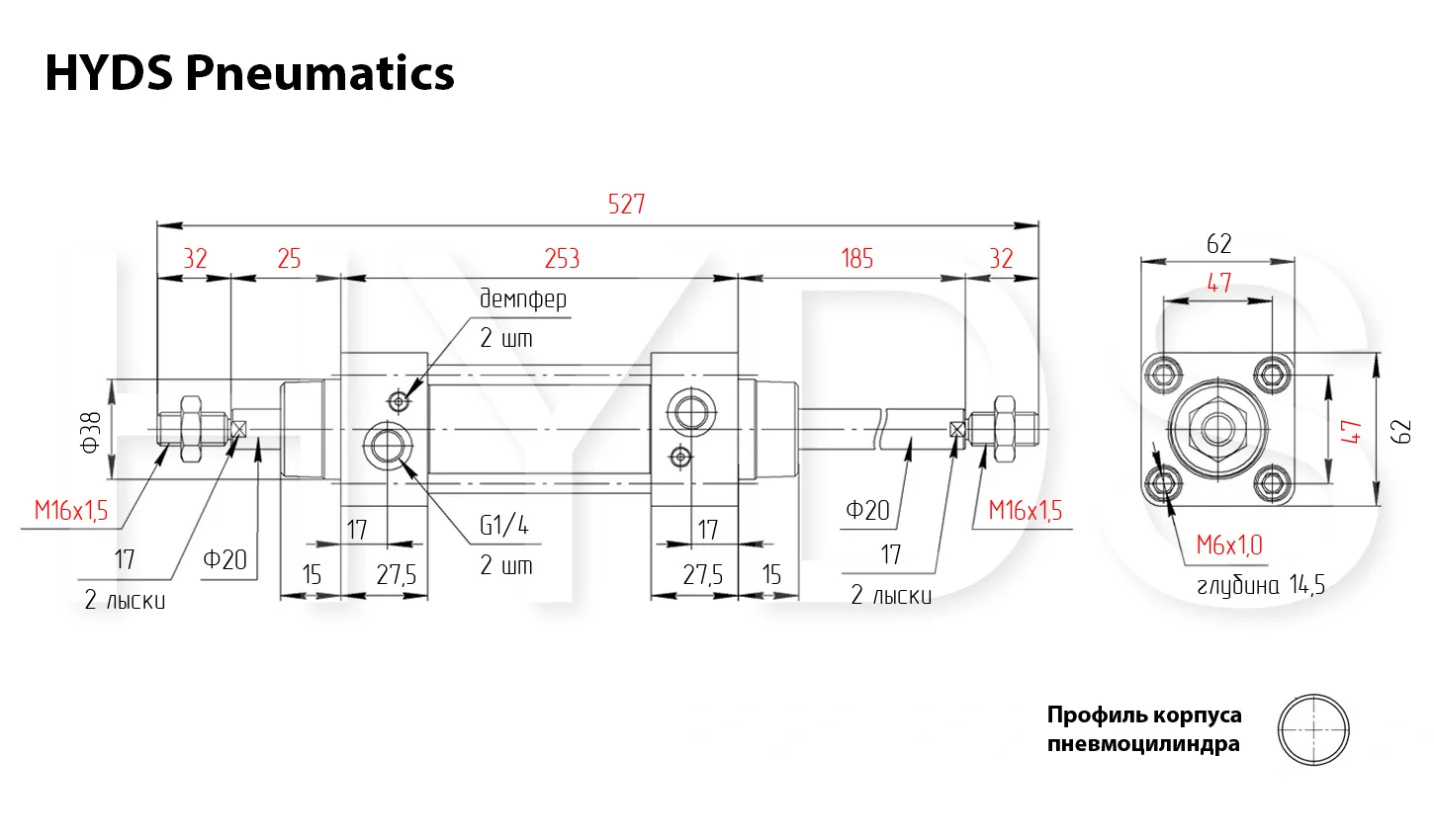 Размеры пневмоцилиндра SCD 50x160-S