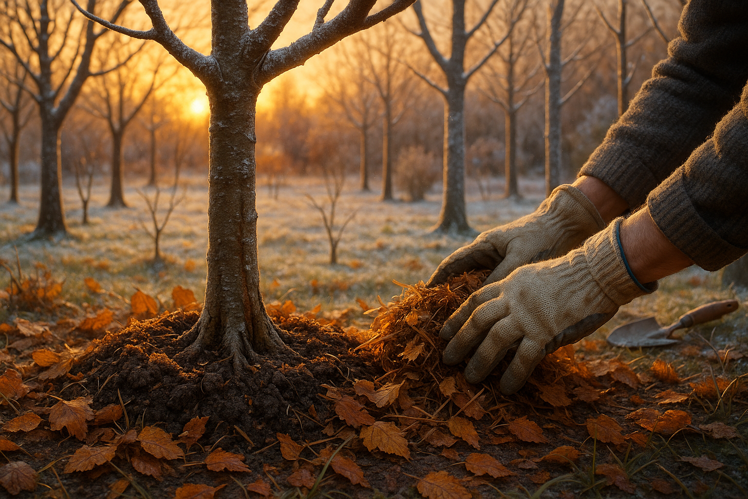 Сад с покрытой мульчей почвой зимой под снегом — пример правильного ухода за землёй и использованием удобрений