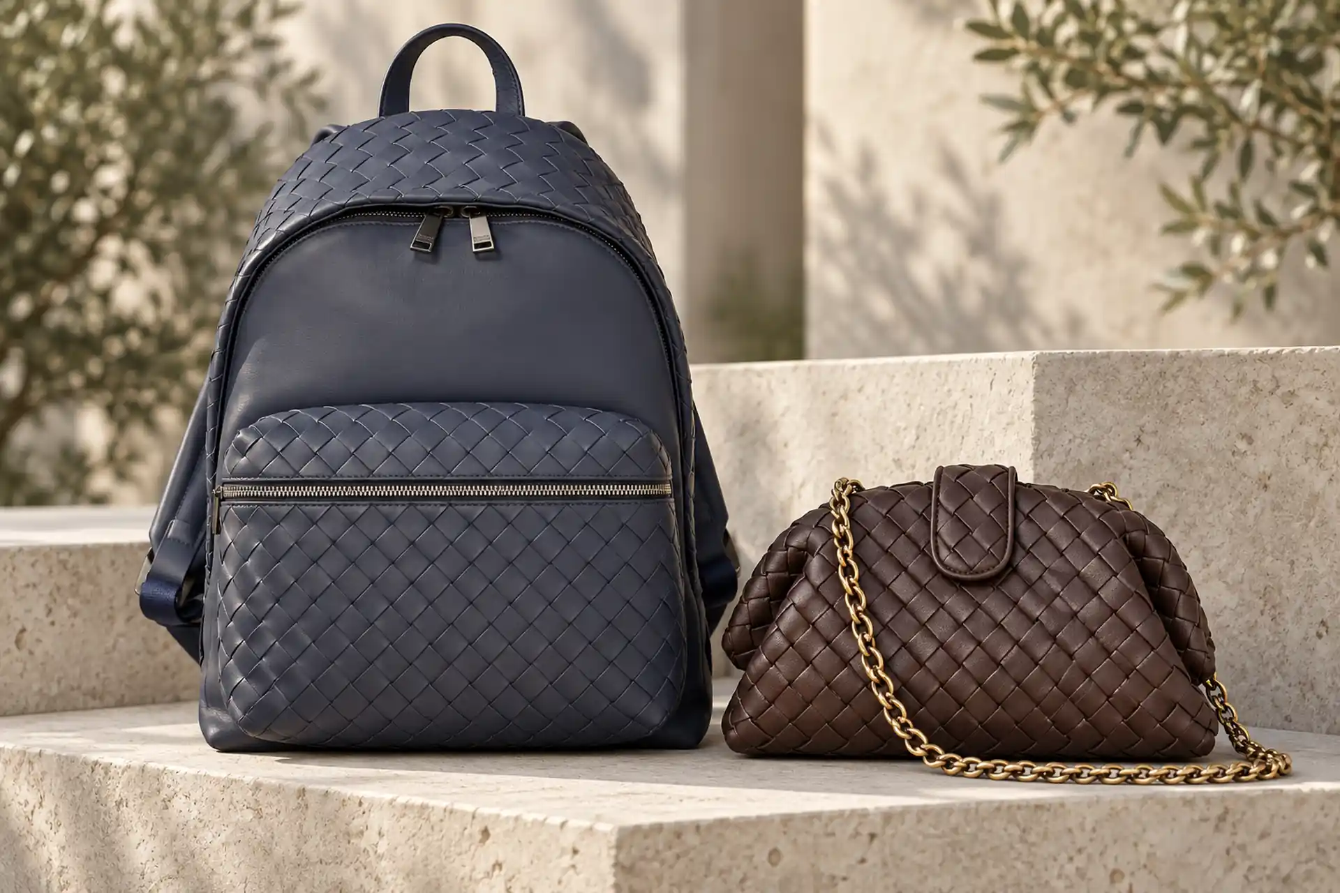 Bottega Veneta: мужской рюкзак и женский клатч с плетением Серо-синий рюкзак и тёмно-коричневый клатч Bottega Veneta с золотистой цепочкой