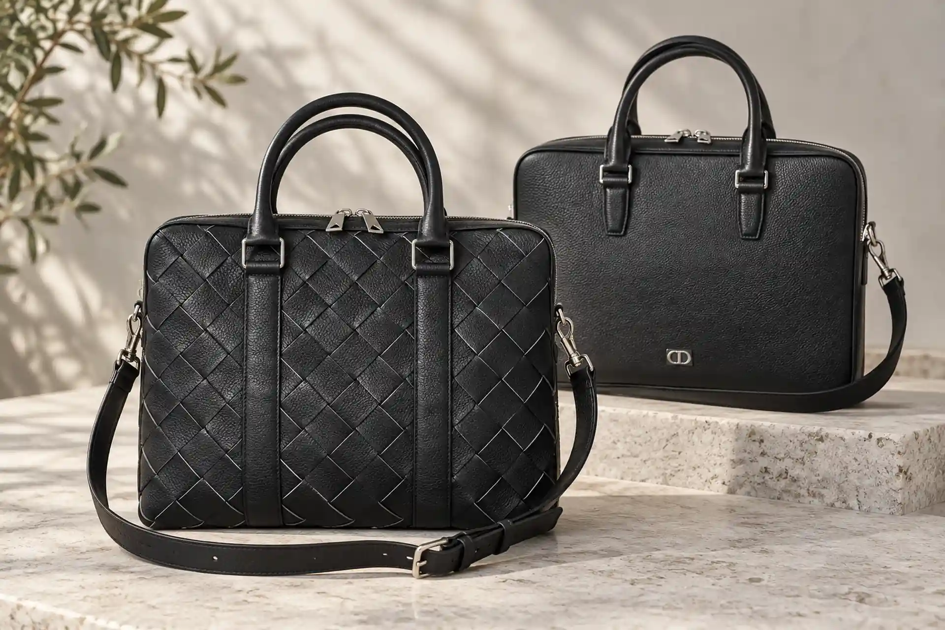 Мужские портфели Bottega Veneta и Dior: плетение и гладкая поверхность Чёрные мужские портфели Bottega Veneta и Dior в светлой студийной композиции