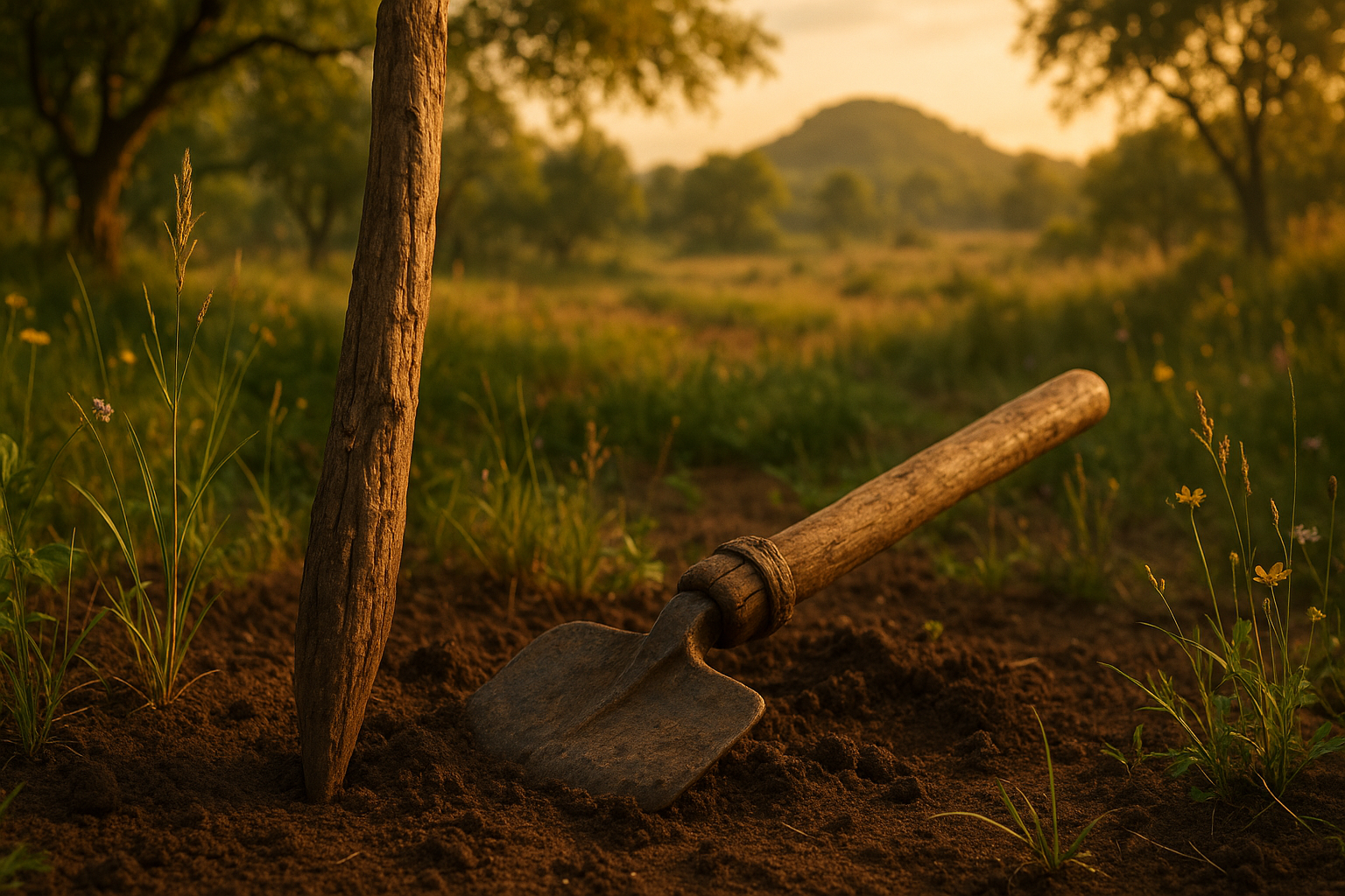 Древняя мотыга &mdash; сельскохозяйственный инструмент с деревянной рукоятью и каменным или металлическим лезвием