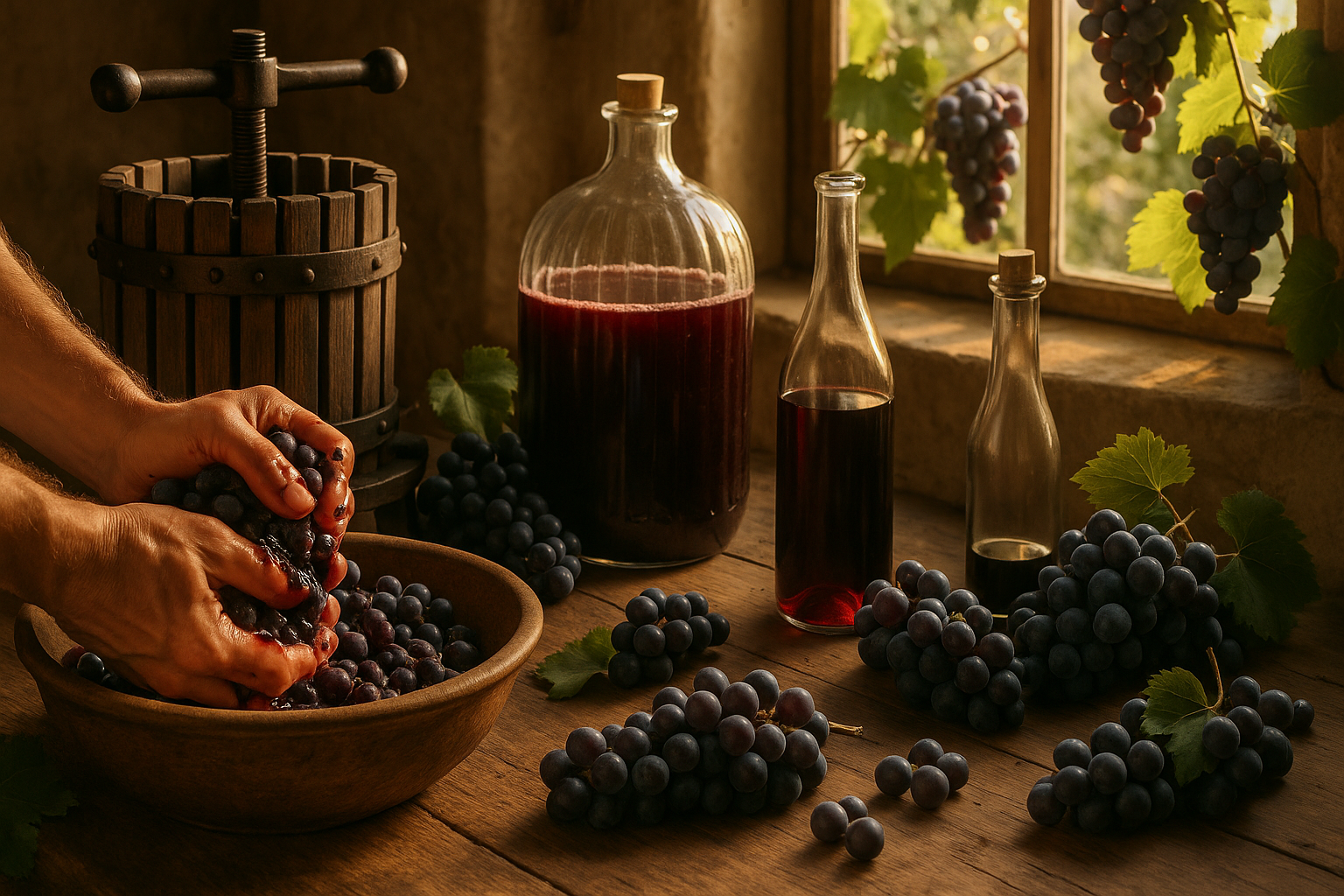 Бутылка домашнего виноградного вина на фоне виноградной грозди