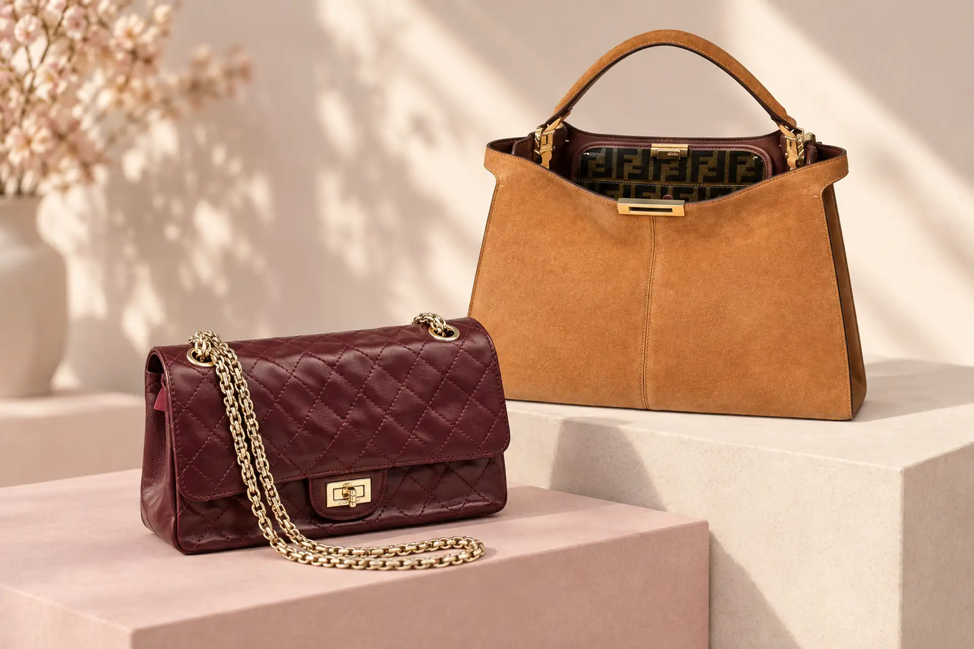 Женские сумки Chanel и Fendi: бордовый и рыжий акценты Бордовая женская сумка Chanel 2.55 с цепочкой и рыжая Fendi Peekaboo с верхней ручкой