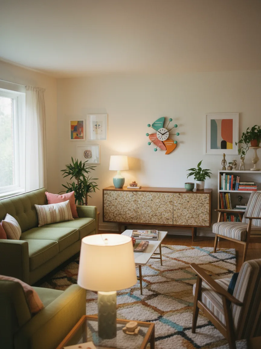 Интерьер в стиле 80-х с настенными часами как графичным акцентом — сочетание неона и пастели в эстетике mid-century modern