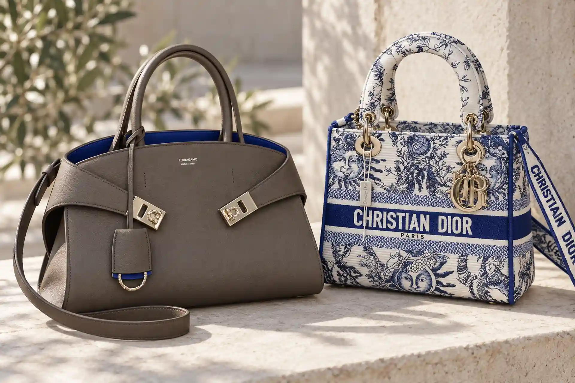 Женские сумки Salvatore Ferragamo Hug в серо-коричневом цвете и бело-синяя Dior Lady D-Lite
