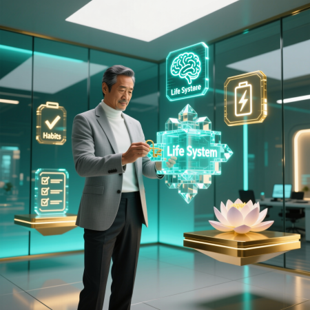 <img src="life-instruction-2026.jpg" alt="A person assembling their personalized life system in 2026 using holographic modules of habits, science, and energy">