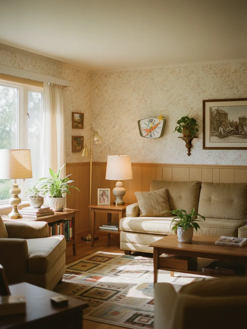 Ретро-геометрия mid-century и мягкий свет в интерьере: настенные часы WOODandROOT подчёркивают характер восьмидесятых