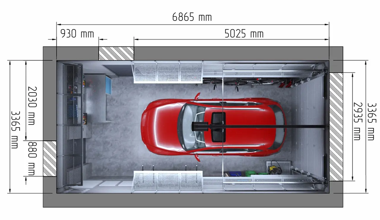 Узкий-гараж-на-одну-машину Пример узкого гаража на одну машину с размерами