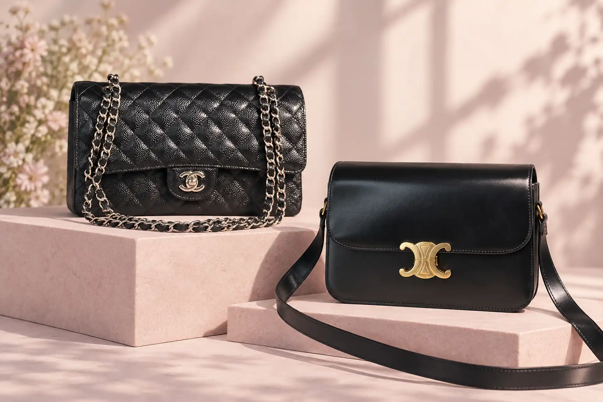 Chanel Classic Flap и Celine Triomphe: две чёрные женские сумки Чёрные женские сумки Chanel Classic Flap с цепочкой и Celine Triomphe с плечевым ремнём