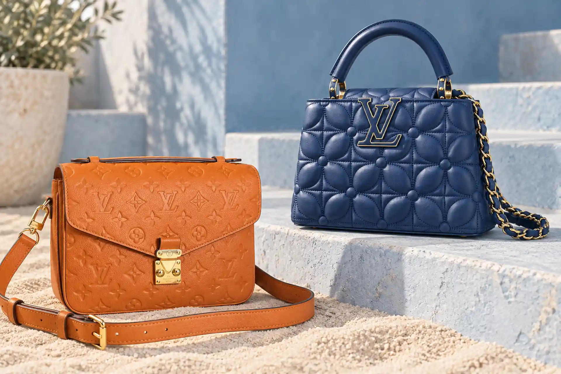 Женские сумки Louis Vuitton Pochette Métis и Capucines: цвет и фактура Женские сумки Louis Vuitton: коньячная Pochette Métis с тиснением и синяя Capucines на каменных ступенях