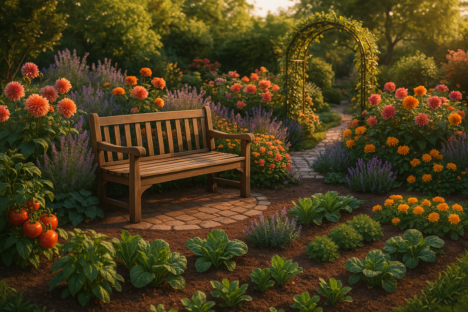 Сад с ухоженными грядками и растущими овощами на даче