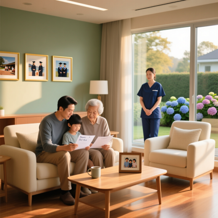 <img src="elderly-parents-care-consultation.jpg" alt="Adult child and elderly parent reviewing care documents in comfortable nursing home consultation room with professional nursing staff">