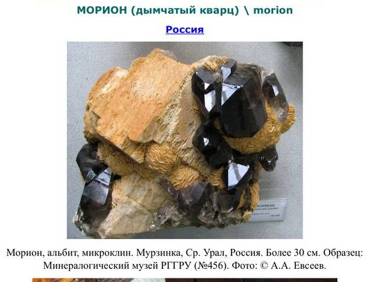 Образец морион (дымчатый кварц) из России. На изображении показан крупный образец морион, альбит и микроклин из Мурзинки, Средний Урал, Россия. Размер более 30 см. Экспонат из Минералогического музея РГГРУ (№456). Фото: © А.А. Евсеев.