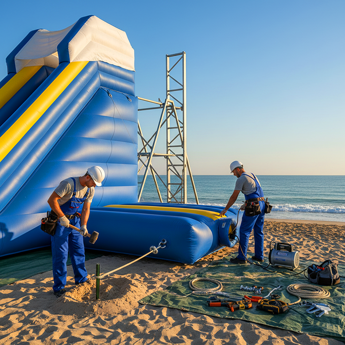 Процесс установки надувной водной горки