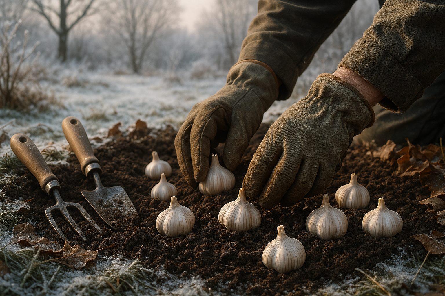 Посадка бульбочек чеснока осенью в подготовленную бороздку на огороде