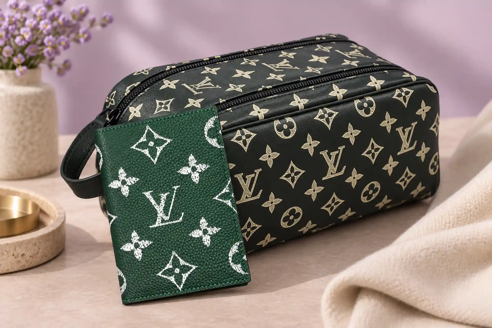 Аксессуары для поездок Louis Vuitton: обложка для паспорта и несессер Зелёная обложка для паспорта и тёмно-зелёный несессер Louis Vuitton на пастельном фоне