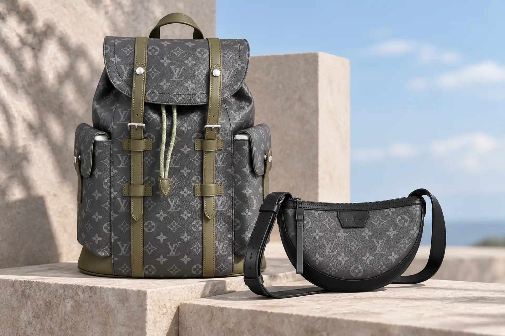 Сумка Louis Vuitton LV Moon Crossbody и серый рюкзак Christopher MM на каменных ступенях