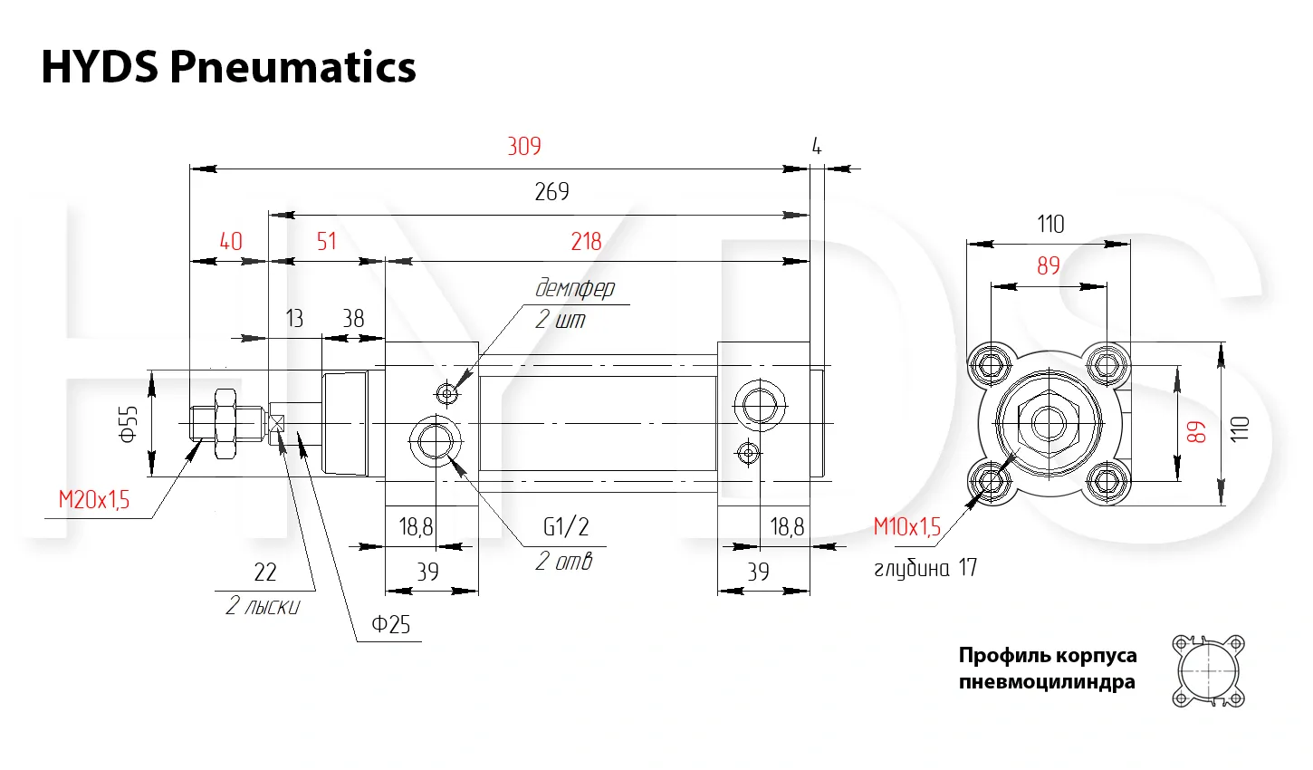 Размеры пневмоцилиндра CP96SDB100-80C
