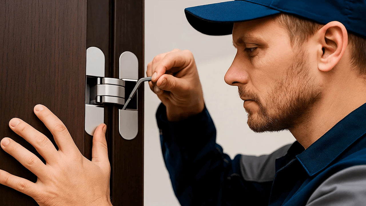 Рабочий настраивает скрытые петли Рабочий настраивает скрытые петли