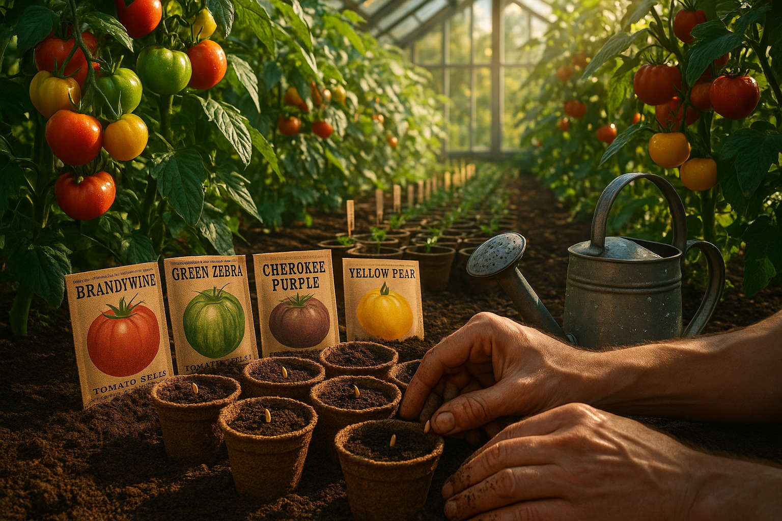 Компактные кусты помидоров без пасынкования в теплице с красными спелыми плодами, готовыми к сбору урожая