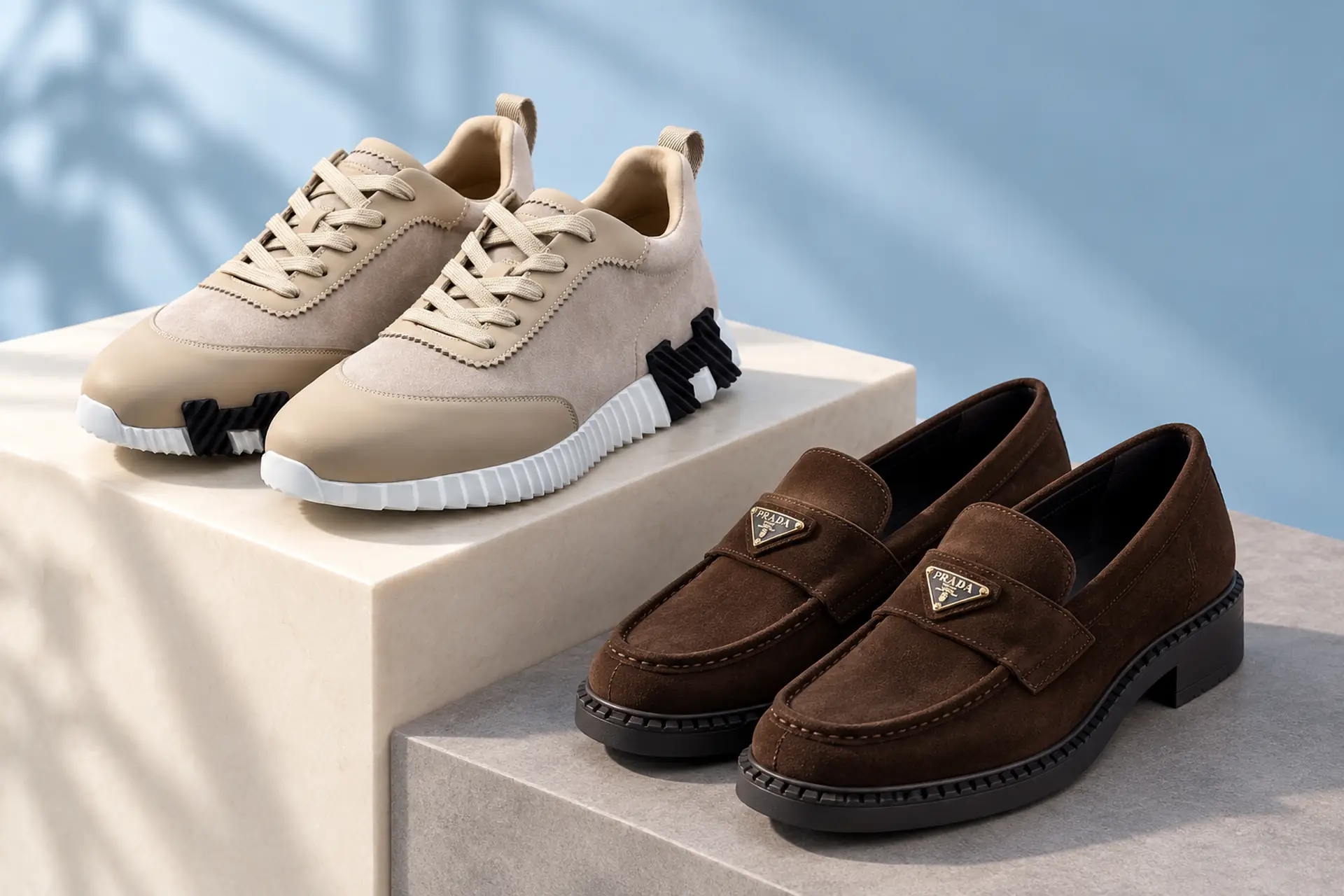 Бежевые кроссовки Hermès Bouncing и коричневые лоферы Prada Chocolate на пастельных подставках