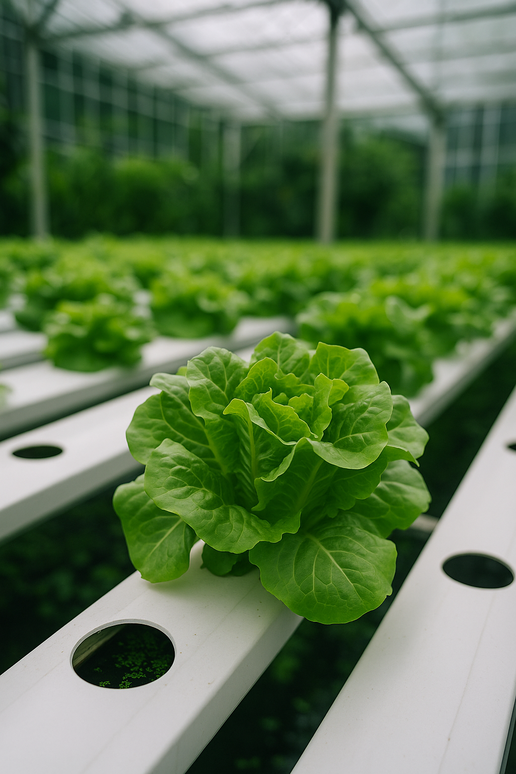 Водоросли в гидпропонике В пластиковых отверстиях виден водный раствор, затянутый водорослями в гидропонной установке, где выращивают салат