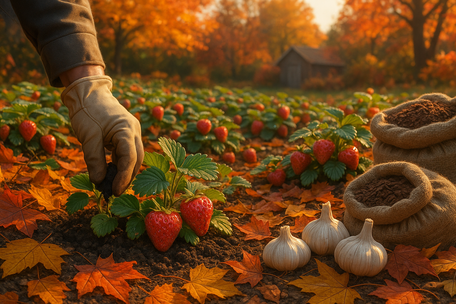 Куст клубники осенью после подкормки и обрезки, подготовка к зиме
