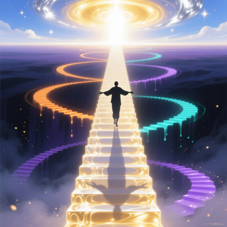 <img src="life-level-transition.jpg" alt="Person ascending staircase of light showing transition to new level of life and personal transformation">
