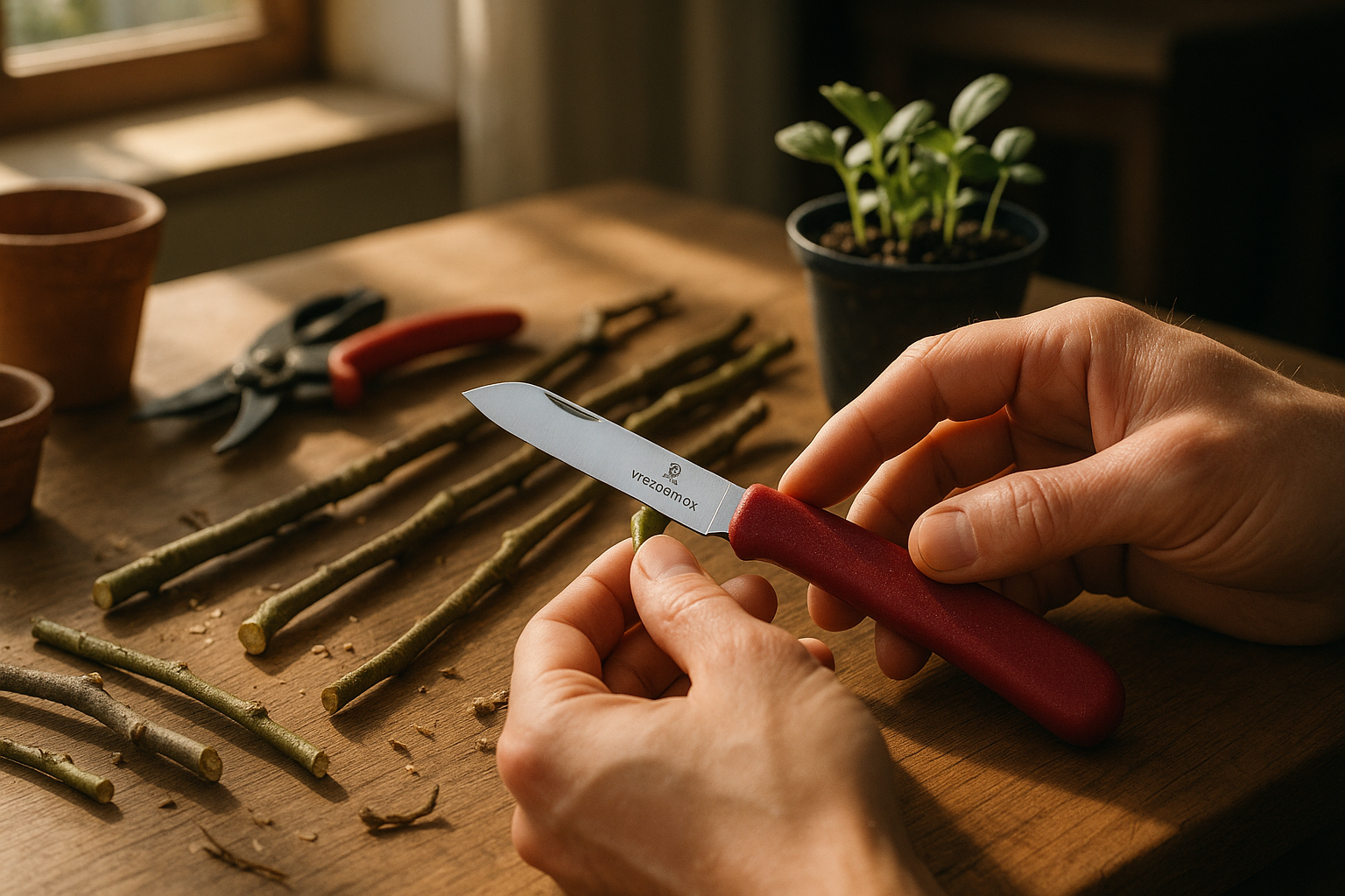 Прививочный нож Victorinox с острым лезвием и удобной рукояткой на фоне садовых растений