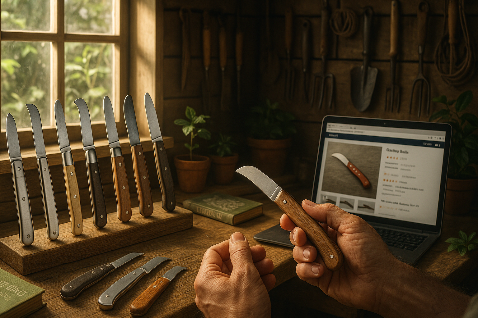 Прививочный нож с деревянной рукояткой для садовых работ, высокого качества, лежащий на фоне свежей зелени